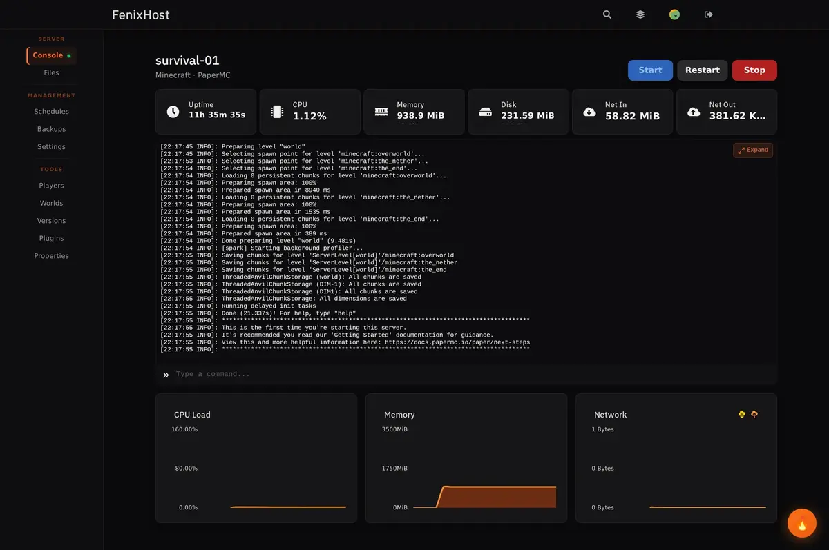 The FenixHost panel showing the live console of a Minecraft server, with CPU, memory and network usage.